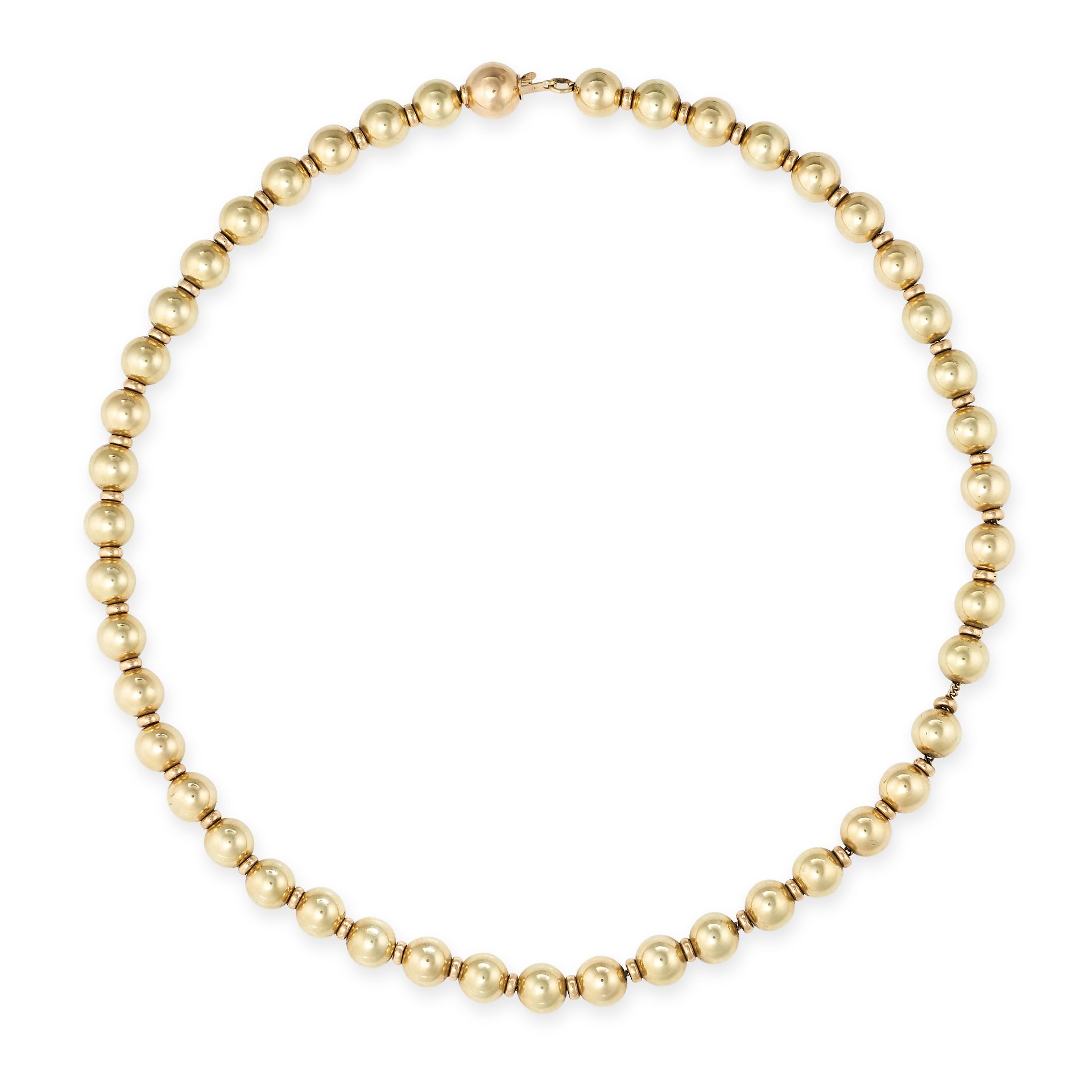 A GOLD BEAD NECKLACE in yellow gold, comprising a gold chain strung with gold beads, French impor...