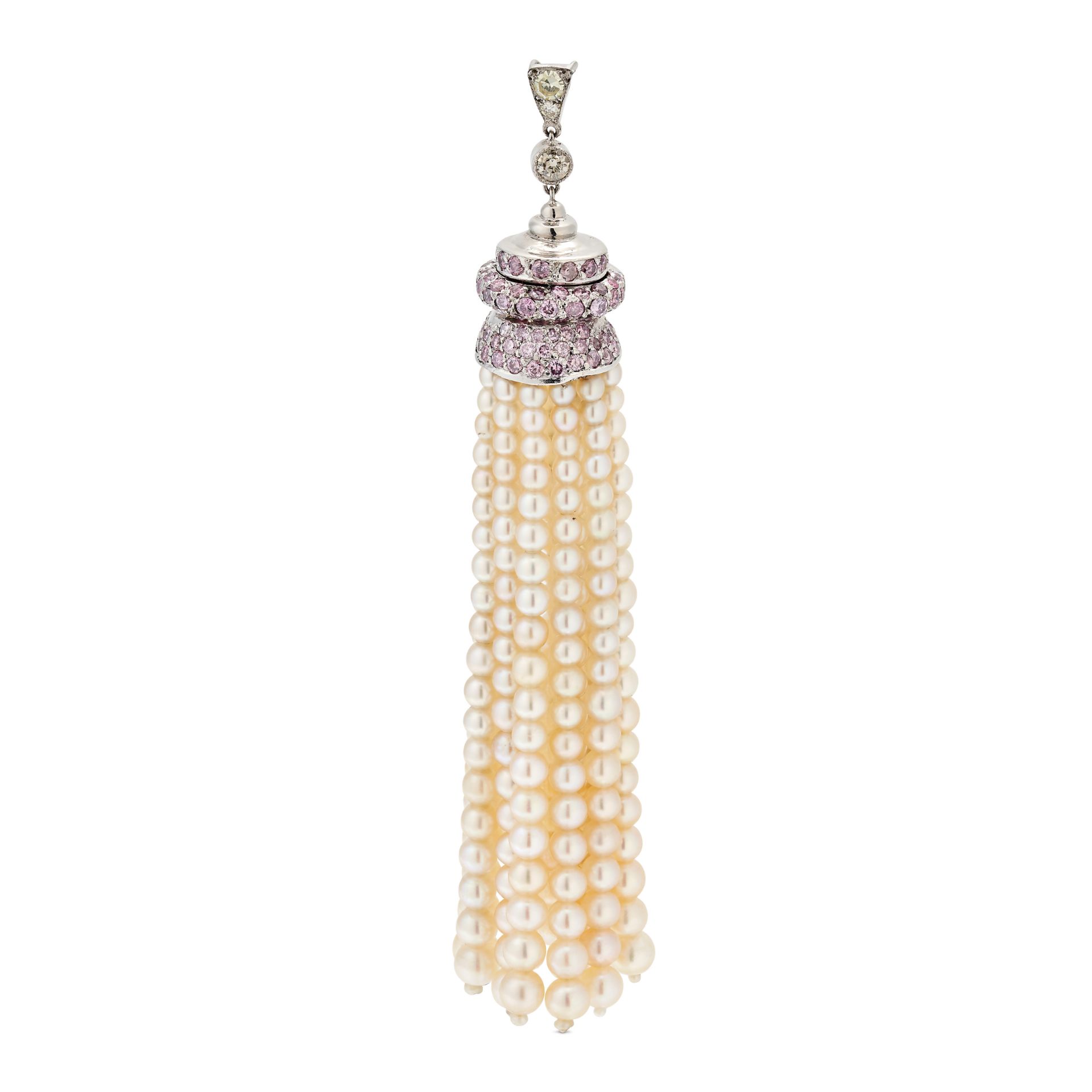 A FINE NATURAL SALTWATER PEARL AND DIAMOND TASSEL PENDANT set with pink and white round brilliant...