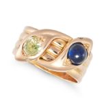 AN ANTIQUE SAPPHIRE AND DIAMOND SNAKE RING in yellow gold, designed as two coiled snakes, the hea...