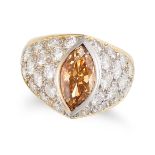 A FANCY BROWN DIAMOND DRESS RING in 18ct yellow gold, set with a marquise cut brown diamond of 1....