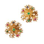 A PAIR OF VINTAGE FRENCH MULTIGEM EARRINGS in 18ct yellow gold, designed as a piece of coral set ...