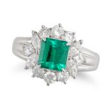 AN UNTREATED COLOMBIAN EMERALD AND DIAMOND CLUSTER RING in platinum, set with an octagonal step c...