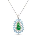 A JADEITE JADE, BLUE TOPAZ AND DIAMOND PENDANT NECKLACE in 18ct white gold, the pendant set with ...