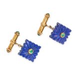 A PAIR OF VINTAGE LAPIS LAZULI AND EMERALD CUFFLINKS in silver gilt, each comprising a carved lap...