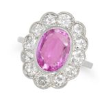 A PINK SAPPHIRE AND DIAMOND CLUSTER RING set with an oval cut pink sapphire of approximately 2.40...