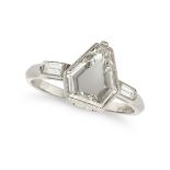 AN ART DECO PORTRAIT CUT DIAMOND LOCKET RING in platinum, set with a portrait cut diamond between...