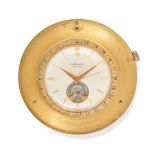 HERMÈS, VINTAGE DESK CLOCK in gilt metal, the dial with baton markers and skeleton aperture, 24 h...