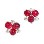 A PAIR OF SPINEL AND DIAMOND EARRINGS each set with a cluster of three round cabochon red spinels...
