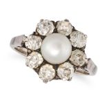 A VINTAGE PEARL AND DIAMOND CLUSTER RING in 18ct white gold, set with a pearl of 6.3mm in a clust...