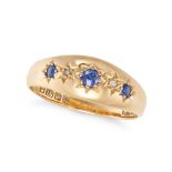 AN ANTIQUE SAPPHIRE AND DIAMOND RING in 18ct yellow gold, set with alternating round cut sapphire...