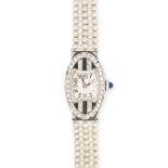 AN ART DECO FRENCH DIAMOND, ONYX, SAPPHIRE AND PEARL COCKTAIL WATCH in platinum, the oval case se...