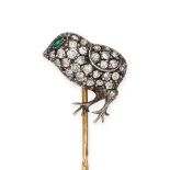 AN ANTIQUE DIAMOND AND EMERALD CHICK STICK PIN in yellow gold and silver, the chick set throughou...