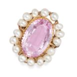 A PINK TOPAZ AND PEARL CLUSTER RING in 9ct yellow gold, set with an oval cut pink topaz of approx...