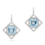 A PAIR OF AQUAMARINE AND DIAMOND DROP EARRINGS in 18ct white gold, each set with an octagonal ste...