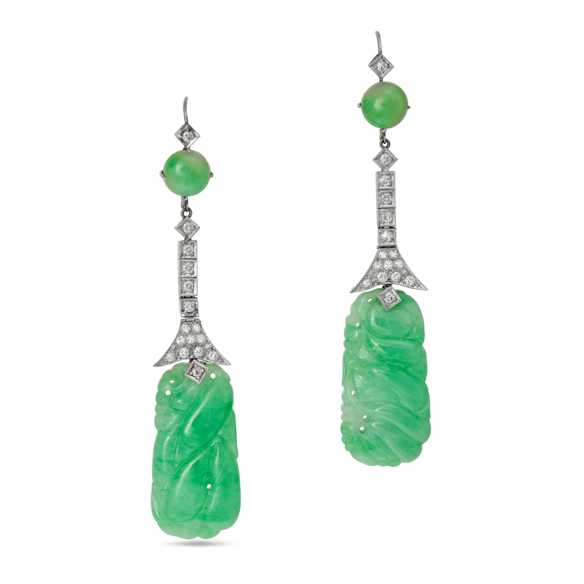 A PAIR OF JADEITE JADE AND DIAMOND DROP EARRINGS in white gold, each set with a cabochon jadeite ...