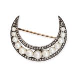 AN ANTIQUE PEARL AND DIAMOND CRESCENT MOON BROOCH in yellow gold and silver, designed as a cresce...