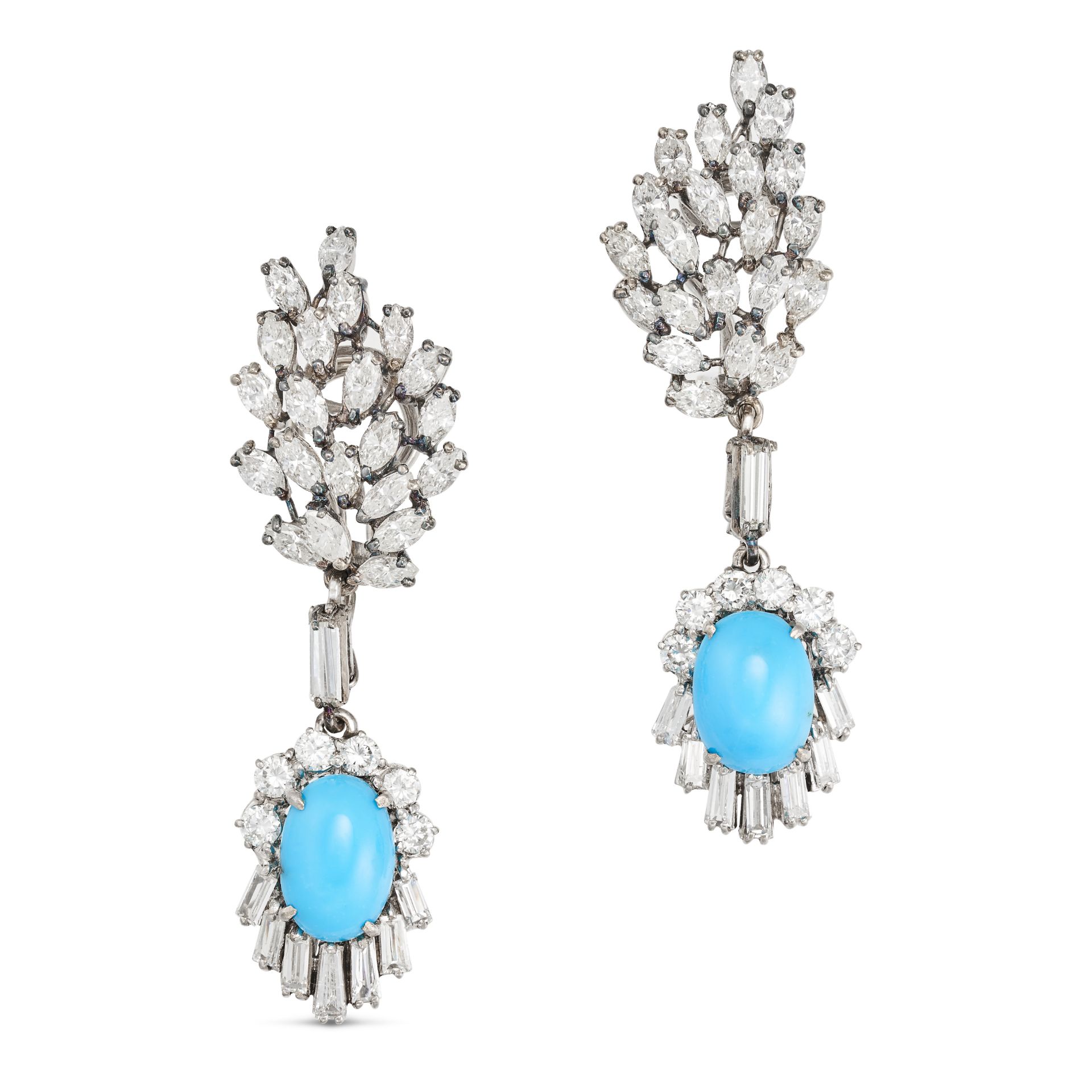 A PAIR OF TURQUOISE AND DIAMOND DROP EARRINGS in white gold, each set with a cluster of marquise ...