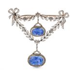 A FINE ANTIQUE BELLE EPOQUE CEYLON NO HEAT SAPPHIRE AND DIAMOND BROOCH in yellow gold and platinu...