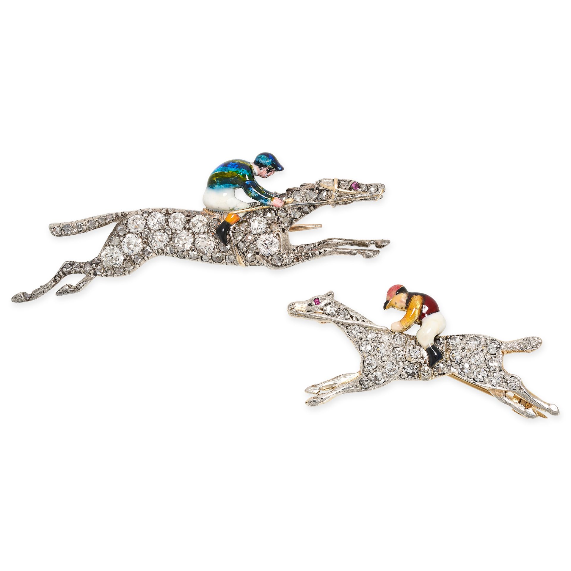A PAIR OF ANTIQUE DIAMOND AND ENAMEL HORSE AND JOCKEY BROOCHES in yellow gold and silver, the hor...