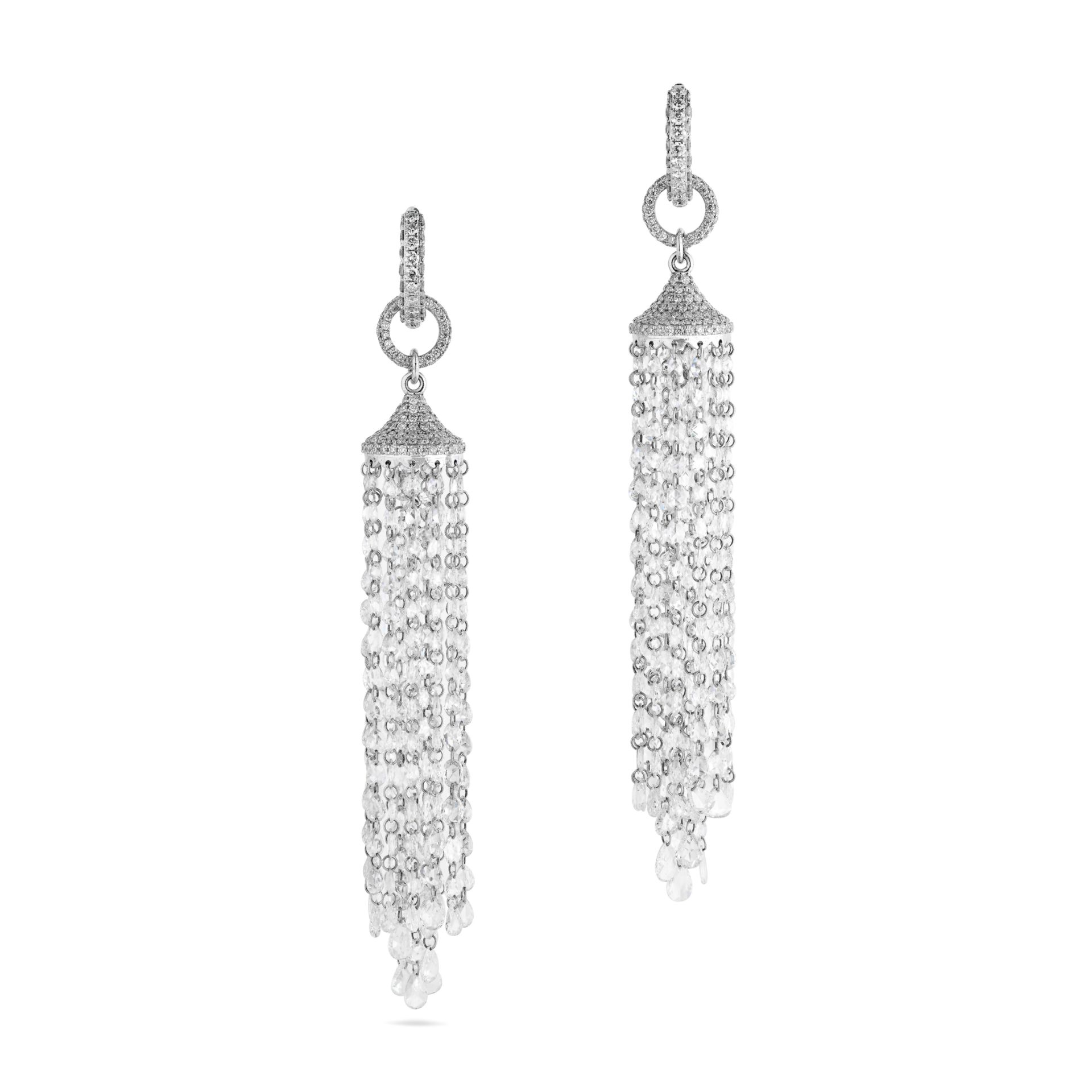 A PAIR OF DIAMOND CHANDELIER EARRINGS in 18ct white gold, each comprising a huggie hoop pave set ...