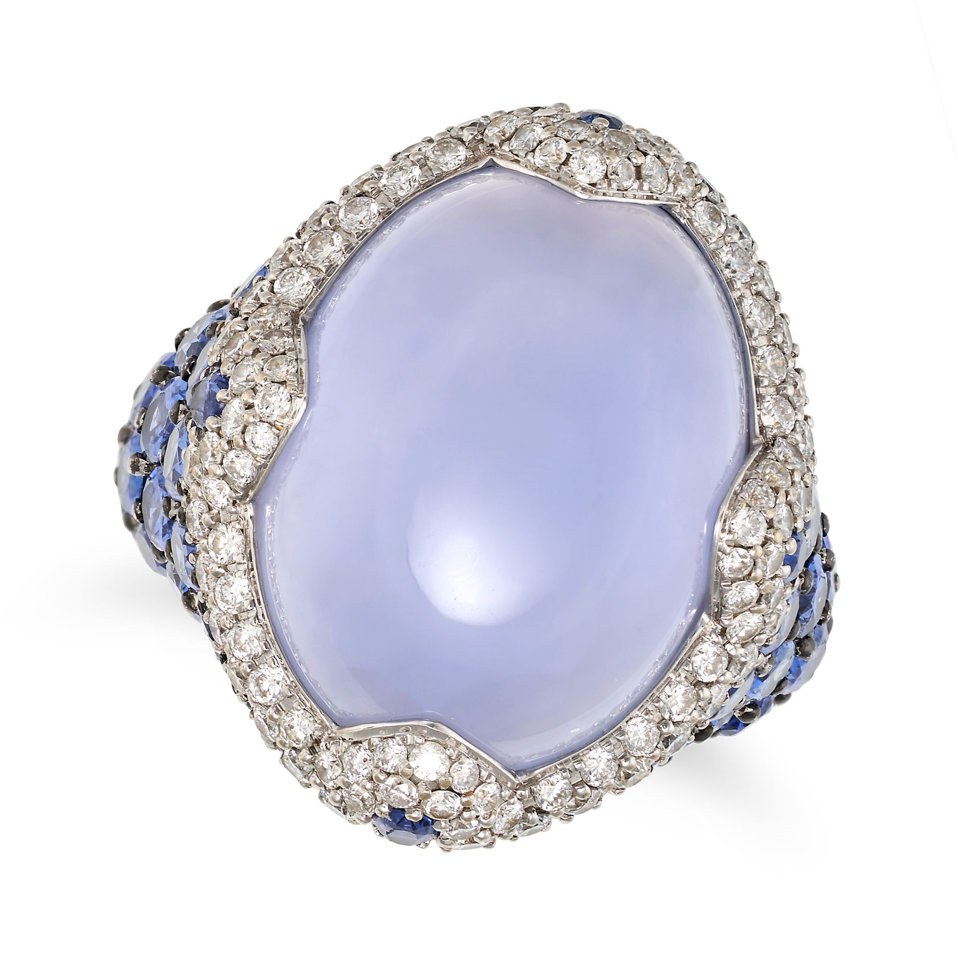 ASPREY, A BLUE CHALCEDONY, SAPPHIRE AND DIAMOND COCKTAIL RING in 18ct white gold, the domed body ...