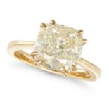 A SOLITAIRE DIAMOND ENGAGEMENT RING in 18ct yellow gold, set with a cushion cut diamond of 5.02 c...