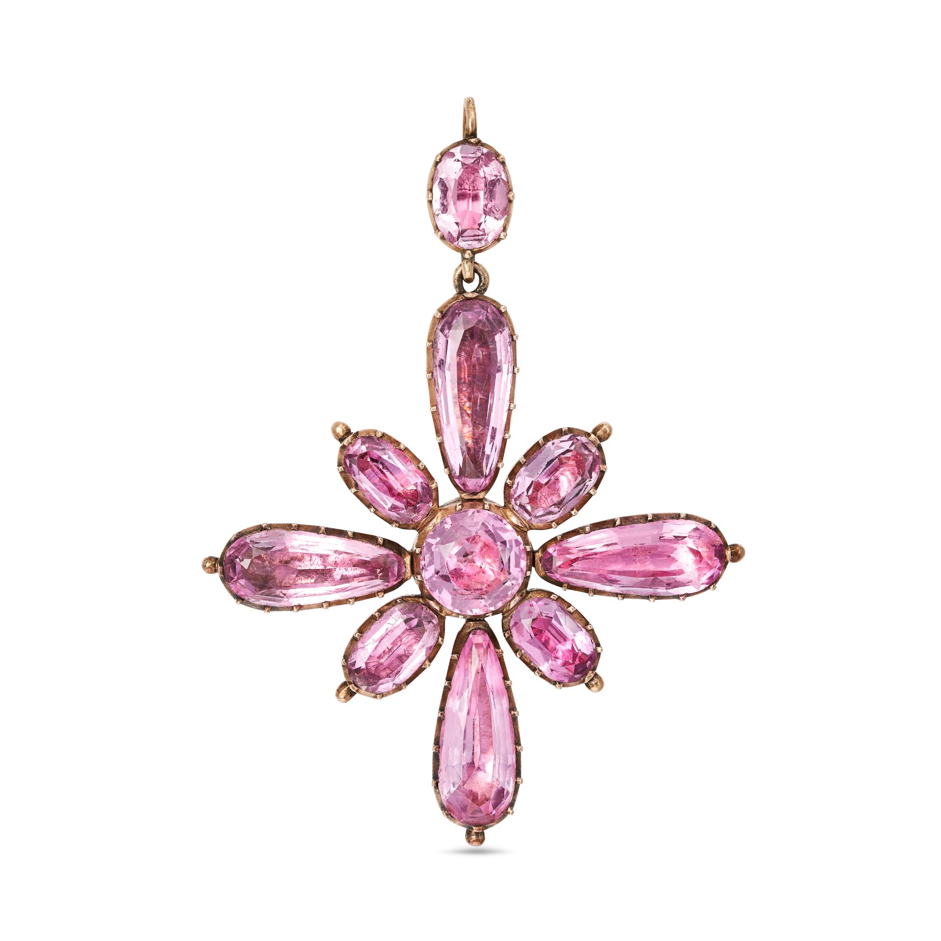 AN ANTIQUE PINK TOPAZ CROSS PENDANT, 19TH CENTURY in yellow gold, set with a central round cut pi...