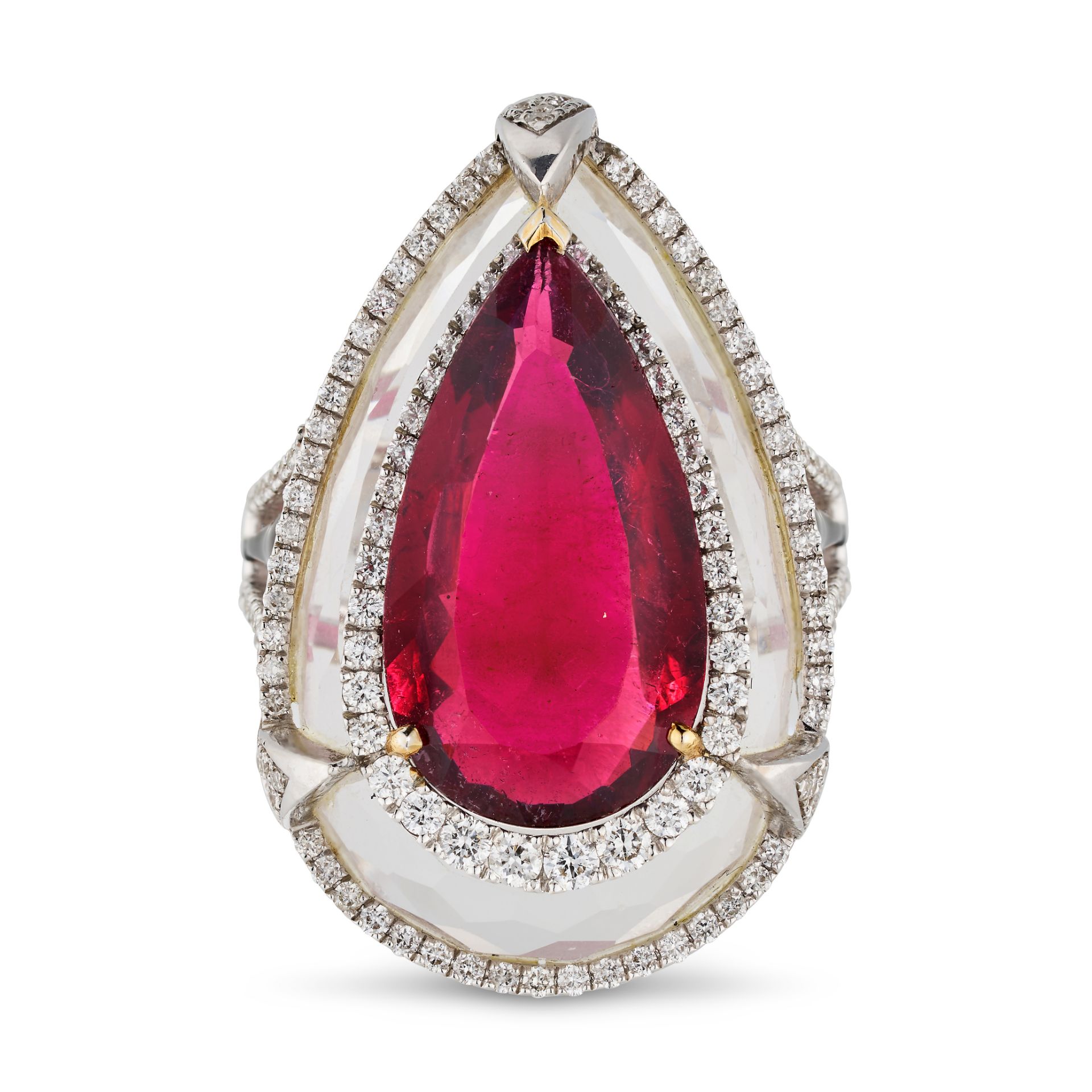A RUBELLITE TOURMALINE, ROCK CRYSTAL AND DIAMOND DRESS RING in 18ct white gold, comprising a face... - Image 3 of 4
