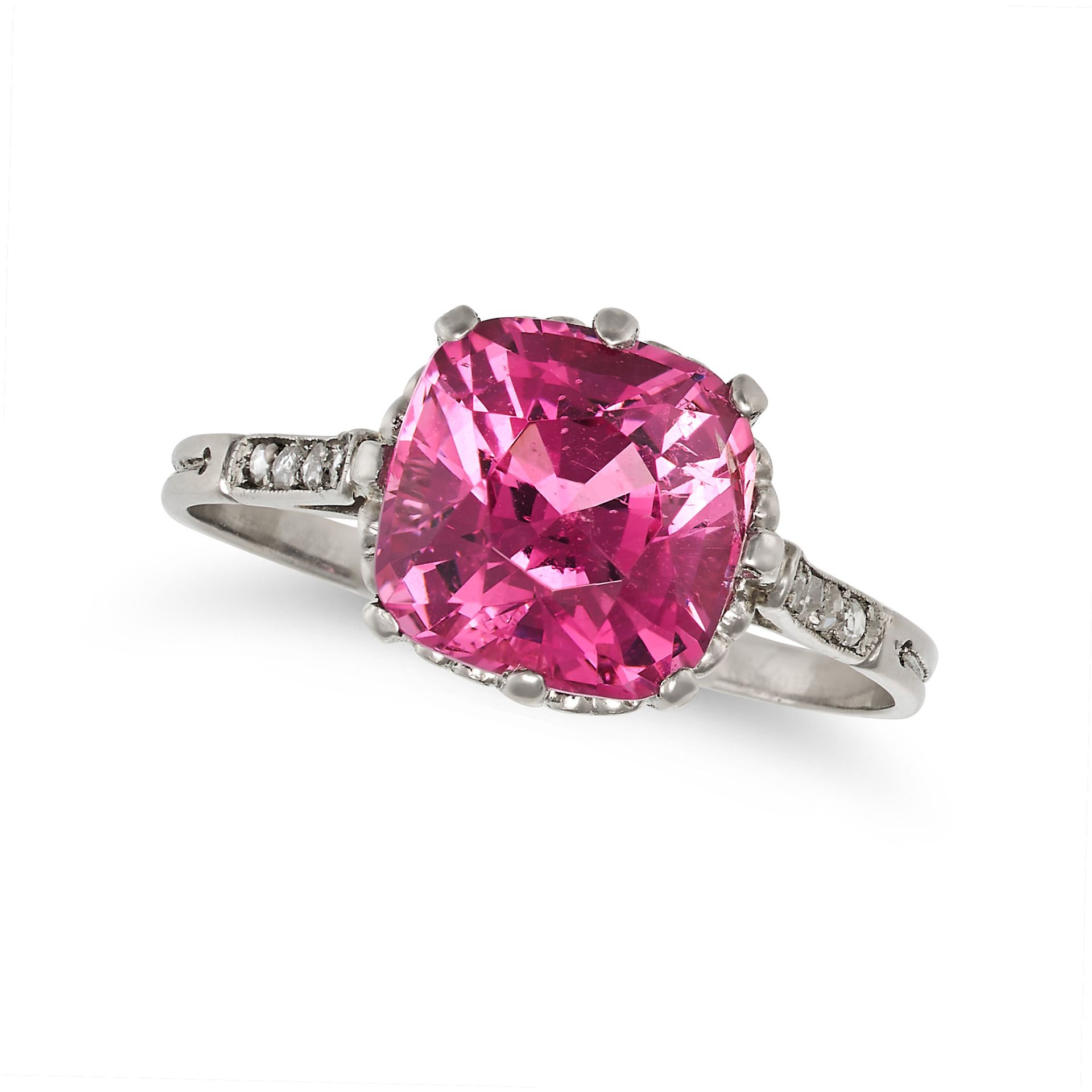 AN ANTIQUE ART DECO BURMA NO HEAT PINK SPINEL AND DIAMOND RING in platinum, set with a cushion cu...