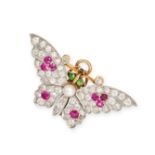 A DIAMOND, RUBY, DEMANTOID AND PEARL BUTTERFLY BROOCH / PENDANT in 18ct yellow gold, designed as ...