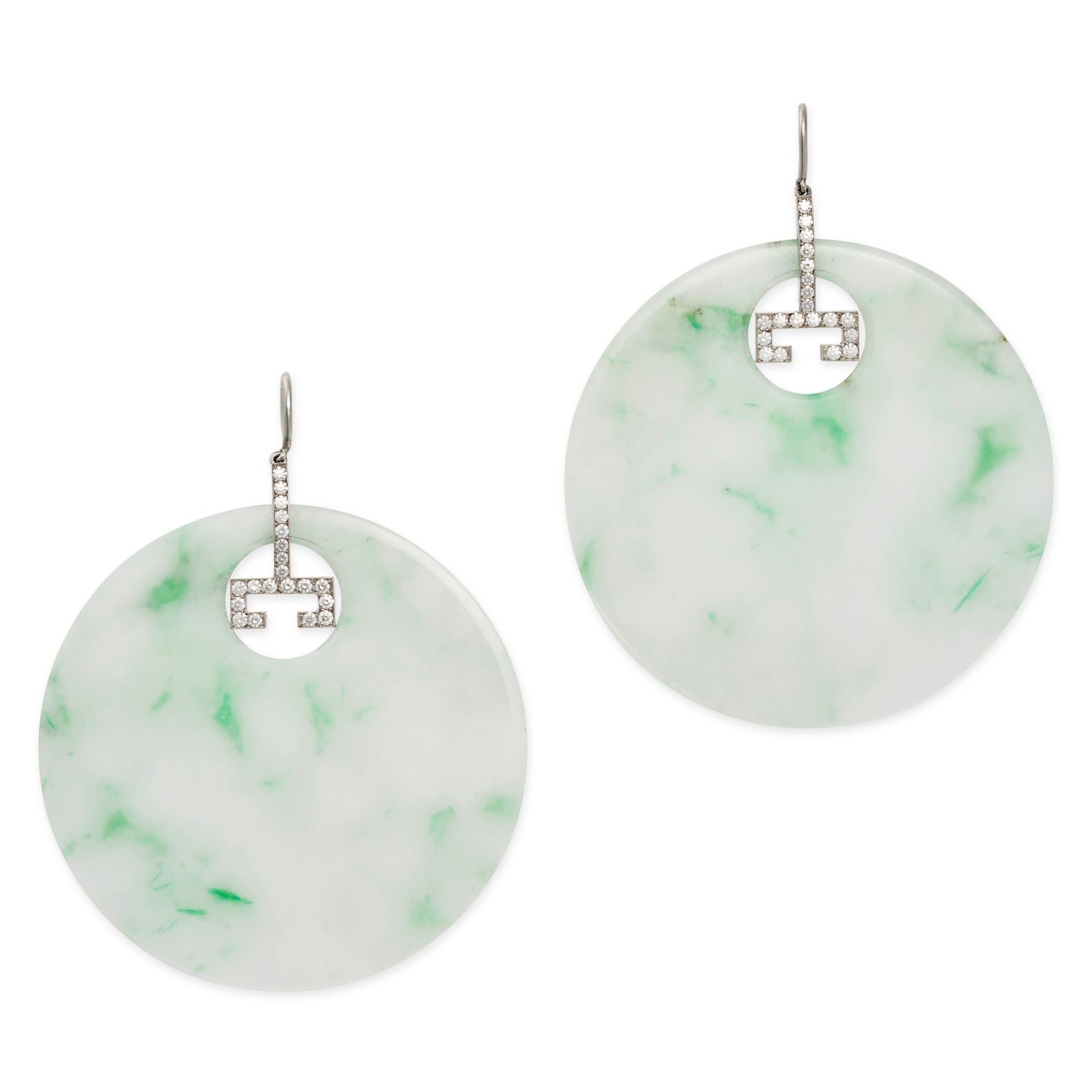 A PAIR OF UNTREATED NATURAL JADEITE JADE AND DIAMOND EARRINGS in platinum, each comprising a jade...