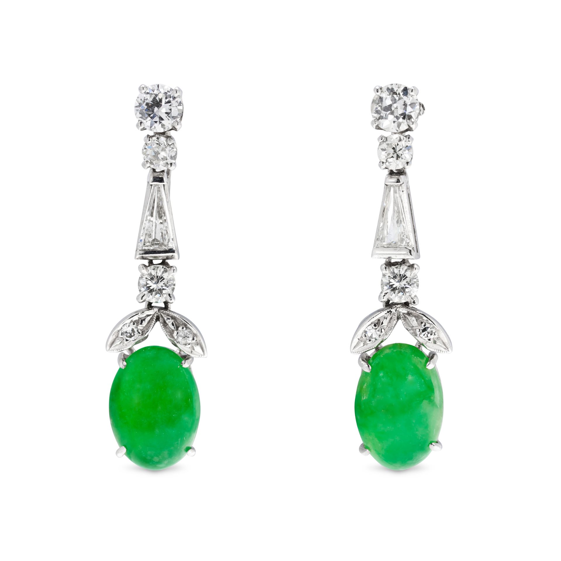 A PAIR OF NATURAL UNTREATED JADEITE JADE AND DIAMOND DROP EARRINGS in 14ct white gold, each compr...