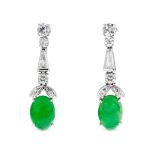 A PAIR OF NATURAL UNTREATED JADEITE JADE AND DIAMOND DROP EARRINGS in 14ct white gold, each compr...