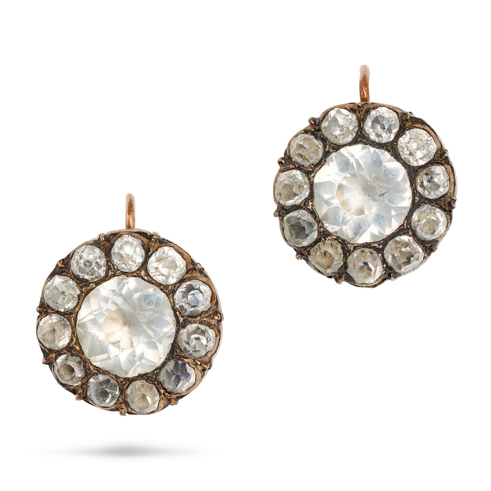 A PAIR OF ANTIQUE PASTE CLUSTER EARRINGS, 19TH CENTURY in yellow gold and silver, each set with a...