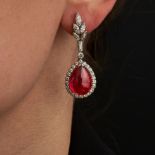 A PAIR OF SPINEL AND DIAMOND DROP EARRINGS in 14ct white gold, each comprising a row of marquise,...