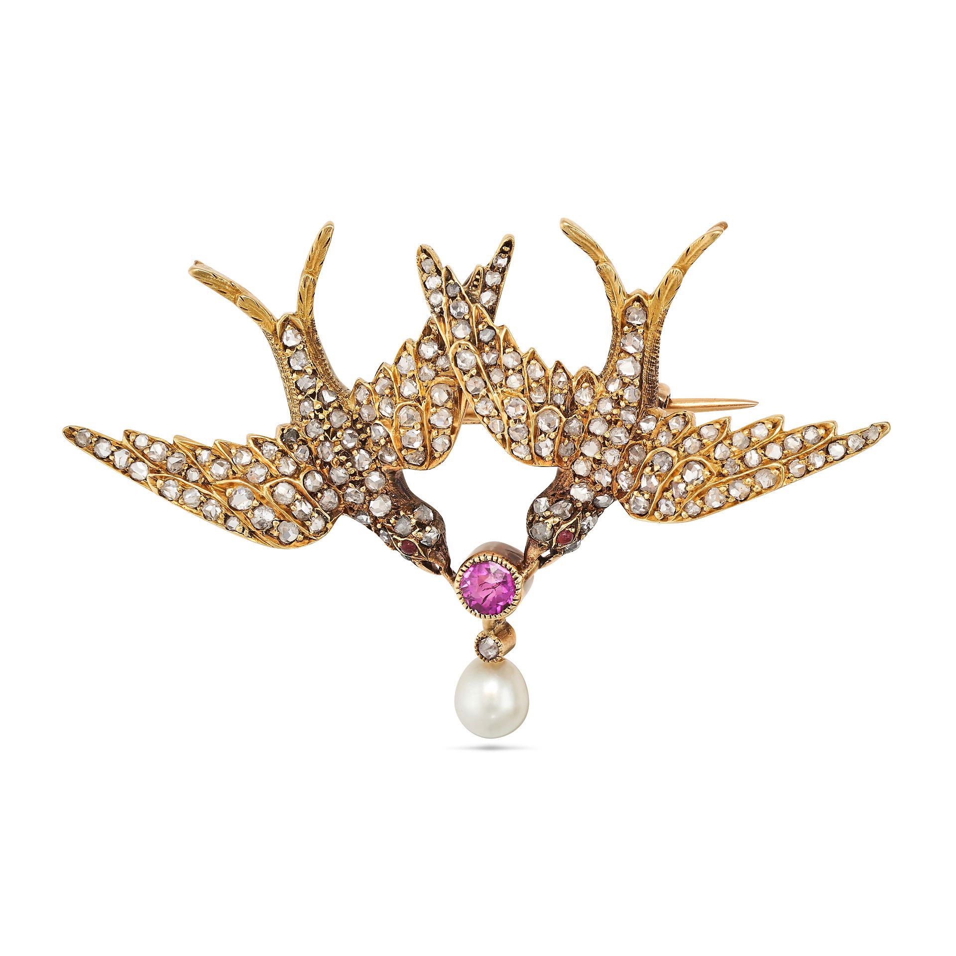 AN ANTIQUE DIAMOND, RUBY AND PEARL SWALLOW BROOCH in yellow gold, designed as a pair of swallows ...