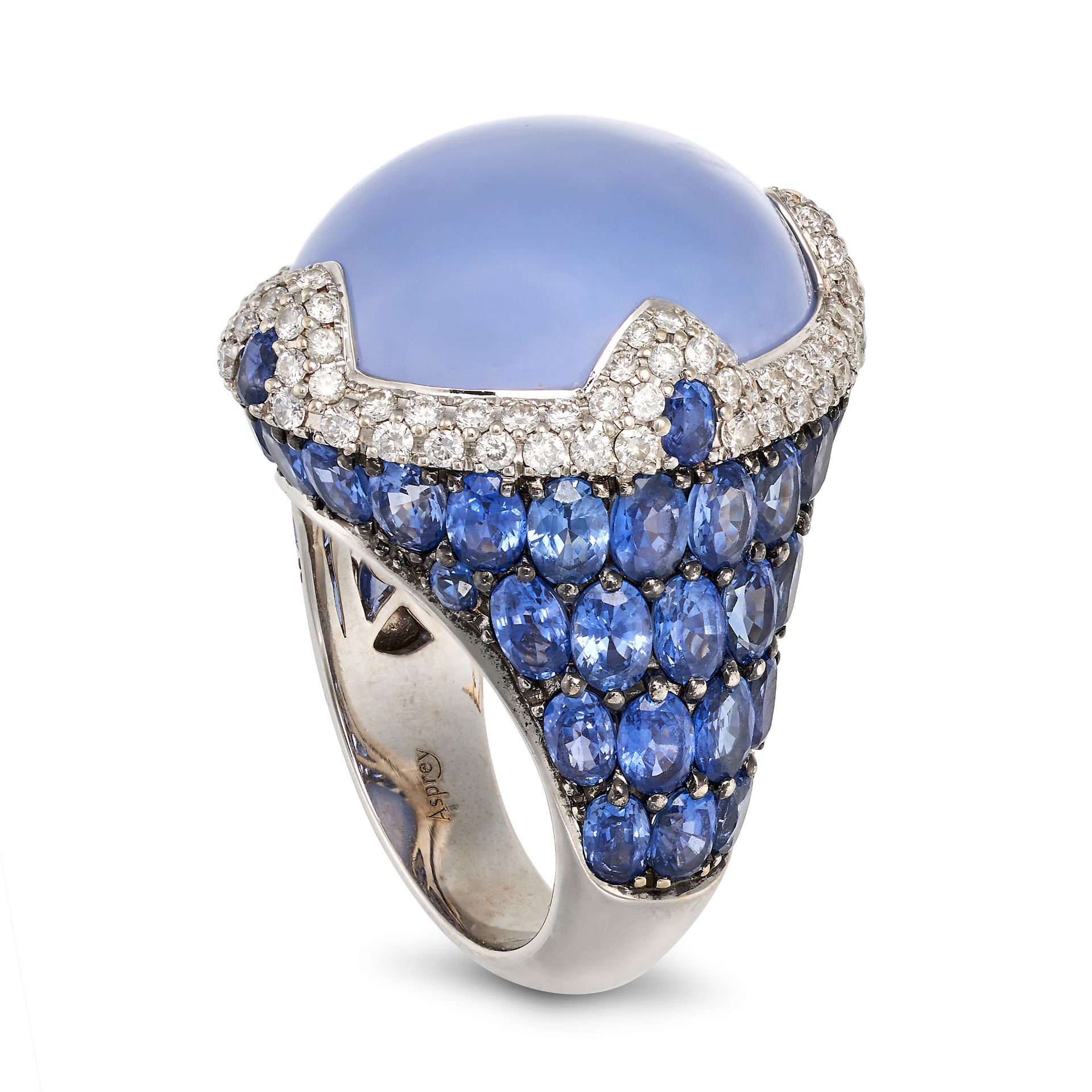 ASPREY, A BLUE CHALCEDONY, SAPPHIRE AND DIAMOND COCKTAIL RING in 18ct white gold, the domed body ... - Image 2 of 2