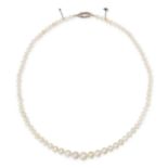 A FINE NATURAL SALTWATER PEARL AND DIAMOND NECKLACE comprising a single row of natural pearls ran...