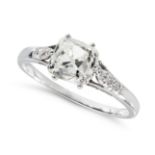 A SOLITAIRE DIAMOND RING in platinum, set with an old cut diamond of 1.75 carats, the shoulders s...