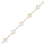 VAN CLEEF & ARPELS, A MOTHER OF PEARL ALHAMBRA BRACELET in 18ct yellow gold, comprising five quat...