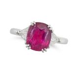 AN UNHEATED RUBY AND DIAMOND RING in 18ct white gold, set with a cushion cut ruby of 3.29 carats ...