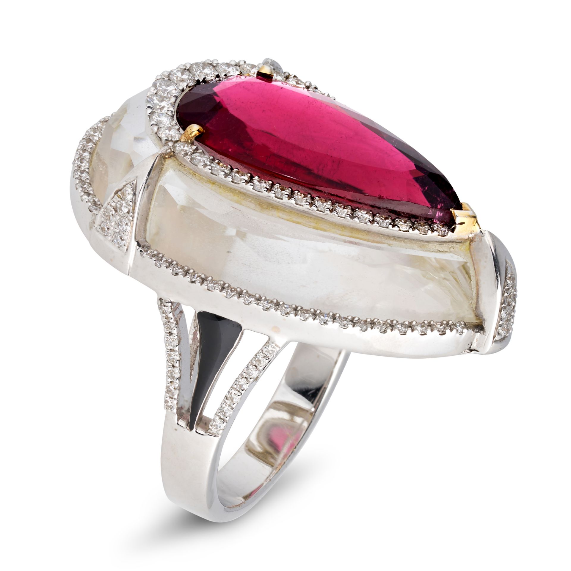 A RUBELLITE TOURMALINE, ROCK CRYSTAL AND DIAMOND DRESS RING in 18ct white gold, comprising a face... - Image 4 of 4