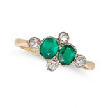 AN ANTIQUE GREEN PASTE AND DIAMOND RING in 18ct yellow gold and platinum, set with two oval cut g...