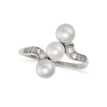 A PEARL AND DIAMOND RING in 18ct white gold, set with three pearls accented by single cut diamond...