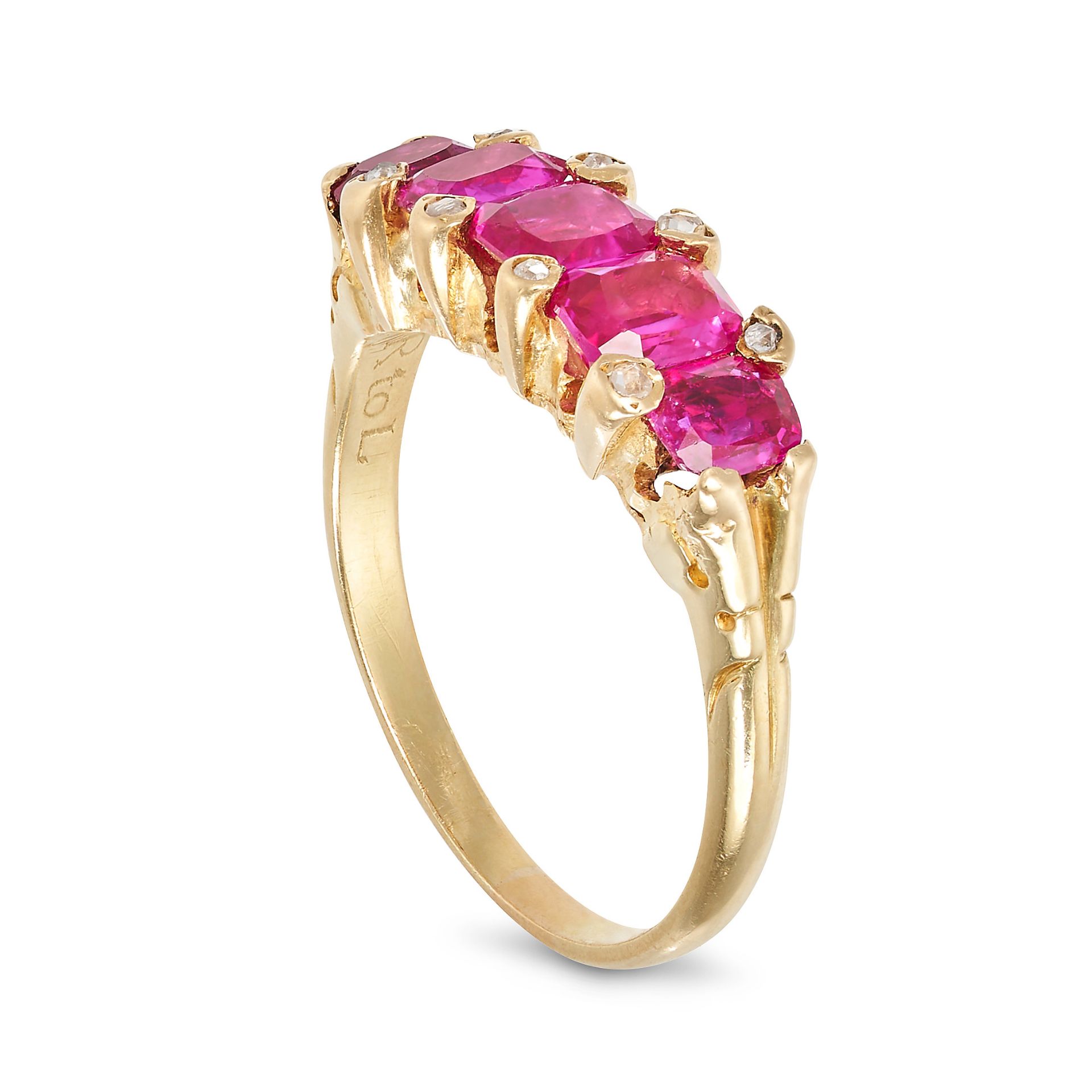 A BURMA NO HEAT RUBY FIVE STONE RING in yellow gold, set with five cushion cut rubies all totalli... - Bild 2 aus 2