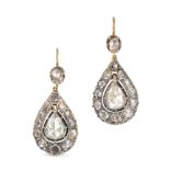 A PAIR OF ANTIQUE DIAMOND DROP EARRINGS in yellow gold and silver, set throughout with rose cut d...