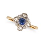 A SAPPHIRE AND DIAMOND RING in platinum and 18ct yellow gold, set with an oval cut sapphire, in a...