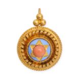 AN ANTIQUE CORAL AND ENAMEL PENDANT in yellow gold, the circular domed body set with a cabochon c...