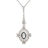 AN ANTIQUE DIAMOND AND LACQUER PENDANT NECKLACE in platinum, the pendant set with an old cut diam...