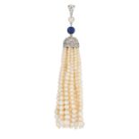 AN ANTIQUE NATURAL SALTWATER PEARL, DIAMOND AND LAPIS LAZULI TASSEL PENDANT set with old cut diam...